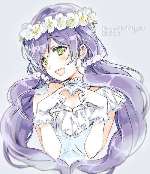 character_name dated dress flower_wreath gloves green_eyes grey_background hair_bobbles hair_ornament happy_birthday head_wreath heart heart_hands long_hair love_live! love_live!_school_idol_project low_twintails nakayama_miyuki purple_hair simple_background solo toujou_nozomi twintails white_gloves yume_no_tobira