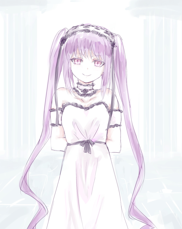 1girl choker fate/grand_order fate/hollow_ataraxia fate_(series) headband looking_at_viewer pillars purple_eyes purple_hair simple_background slit_pupils smile stheno very_long_hair