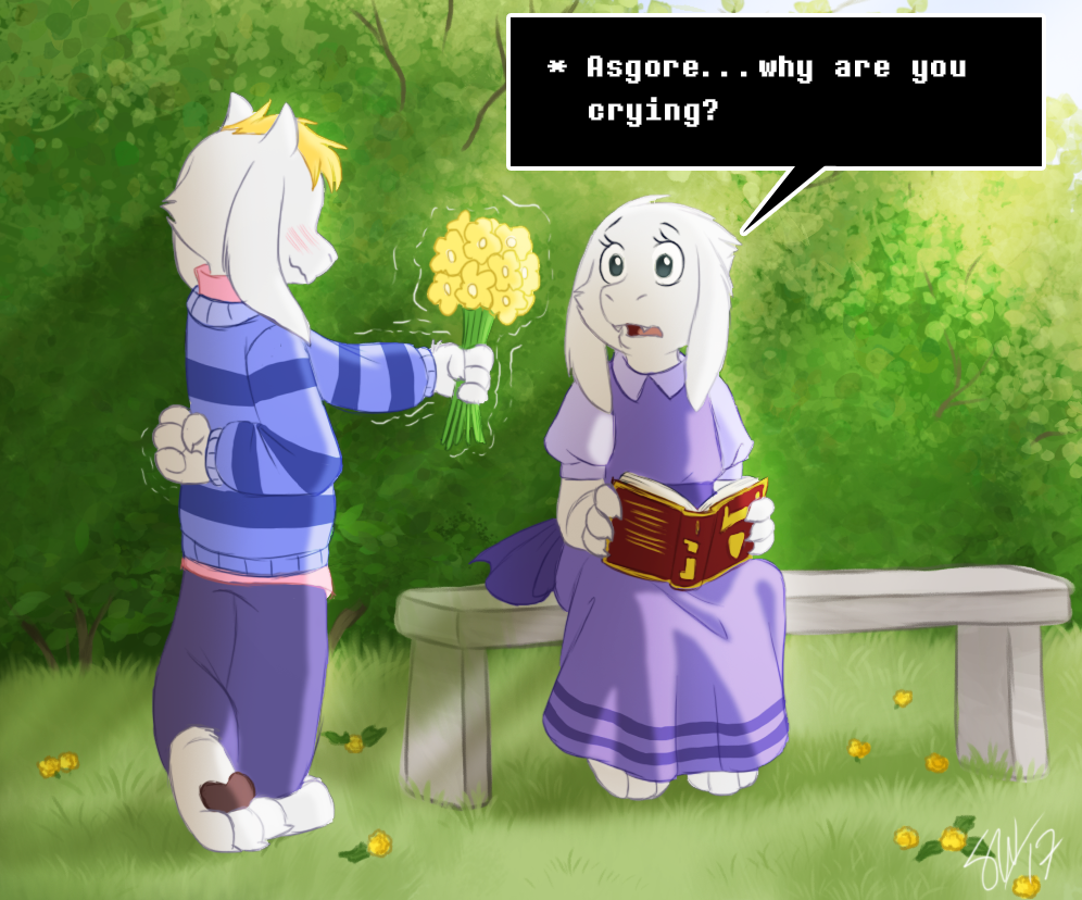 asgore_dreemurr bench blonde_hair blush book boss_monster bushes caprine child cute dialogue english_text flower fur goat hair horn long_ears mammal plant shy stripes tc-96 text toriel undertale video_games white_fur young