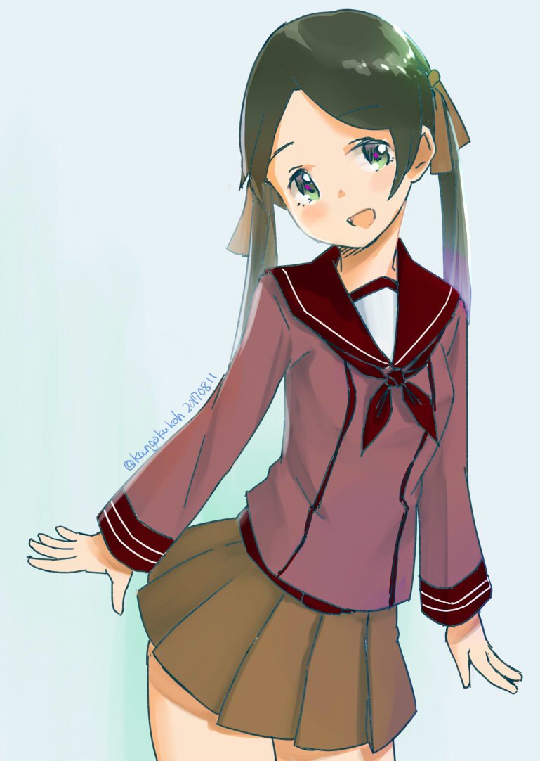 brown_eyes brown_hair brown_skirt commentary_request dated eyebrows_visible_through_hair hair_ribbon kangoku_kou kantai_collection long_sleeves looking_to_the_side mikuma_(kantai_collection) open_mouth outstretched_wrists red_ribbon ribbon sailor_collar school_uniform serafuku simple_background sketch skirt smile solo twintails twitter_username