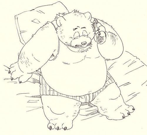 2015 3_toes 4_fingers anthro bear bed belly boxers_(clothing) cellphone claws clothed clothing fully_clothed garouzuki high-angle_view male mammal on_bed overweight pattern_clothing phone shirt sitting slightly_chubby solo striped_clothing striped_underwear tank_top toes underwear