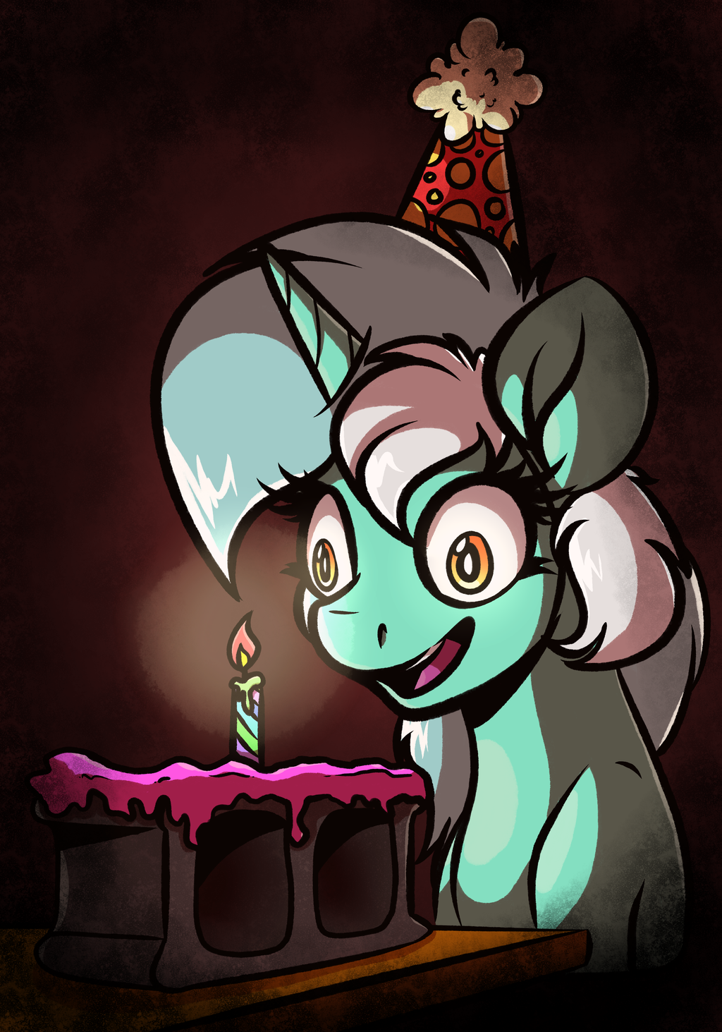 2017 amber_eyes ambiguous_gender candle cinder_block equine feral friendship_is_magic hair hat horn insane lyra_heartstrings_(mlp) mammal multicolored_hair my_little_pony party_hat solo unicorn witchtaunter