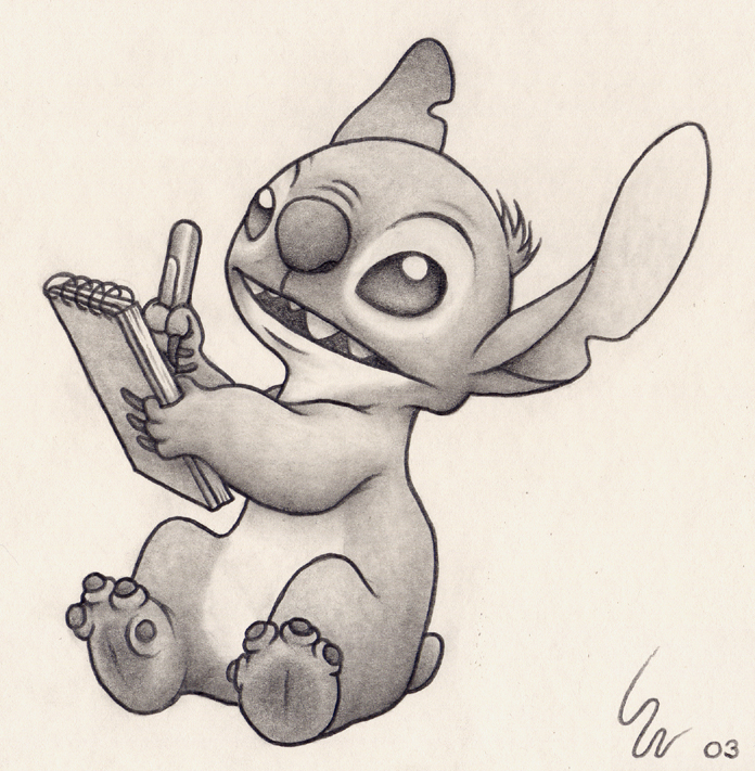 2003 4_fingers 4_toes alien disney experiment_(species) greyscale head_tuft lilo_and_stitch monochrome notched_ear notepad open_mouth open_smile pen ribera signature sitting small_tail smile solo stitch toes traditional_media_(artwork) tuft