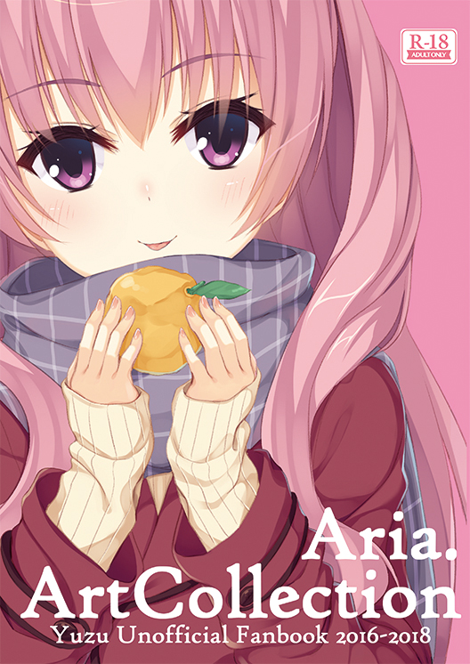 1girl 2016 2018 :p aria. bangs brown_sweater closed_mouth commentary_request copyright_request cover cover_page doujin_cover eyebrows_visible_through_hair food grey_scarf hair_between_eyes head_tilt holding holding_food jacket long_hair long_sleeves looking_at_viewer pink_background pink_hair purple_eyes red_jacket ribbed_sweater scarf sleeves_past_wrists smile solo sweater tongue tongue_out upper_body