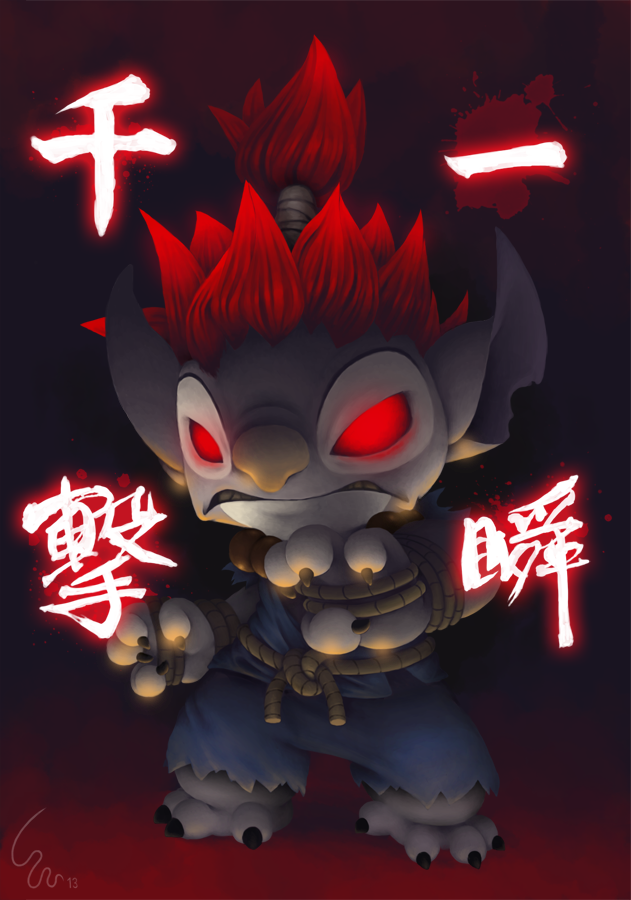 2013 4_fingers 4_toes akuma alien alternate_species angry black_claws capcom claws clothed clothing crossover digital_media_(artwork) digital_painting_(artwork) disney experiment_(species) fur gi glowing glowing_eyes grey_fur hair japanese_text lilo_and_stitch notched_ear red_eyes red_hair ribera rope solo standing street_fighter text toe_claws toes torn_clothing video_games