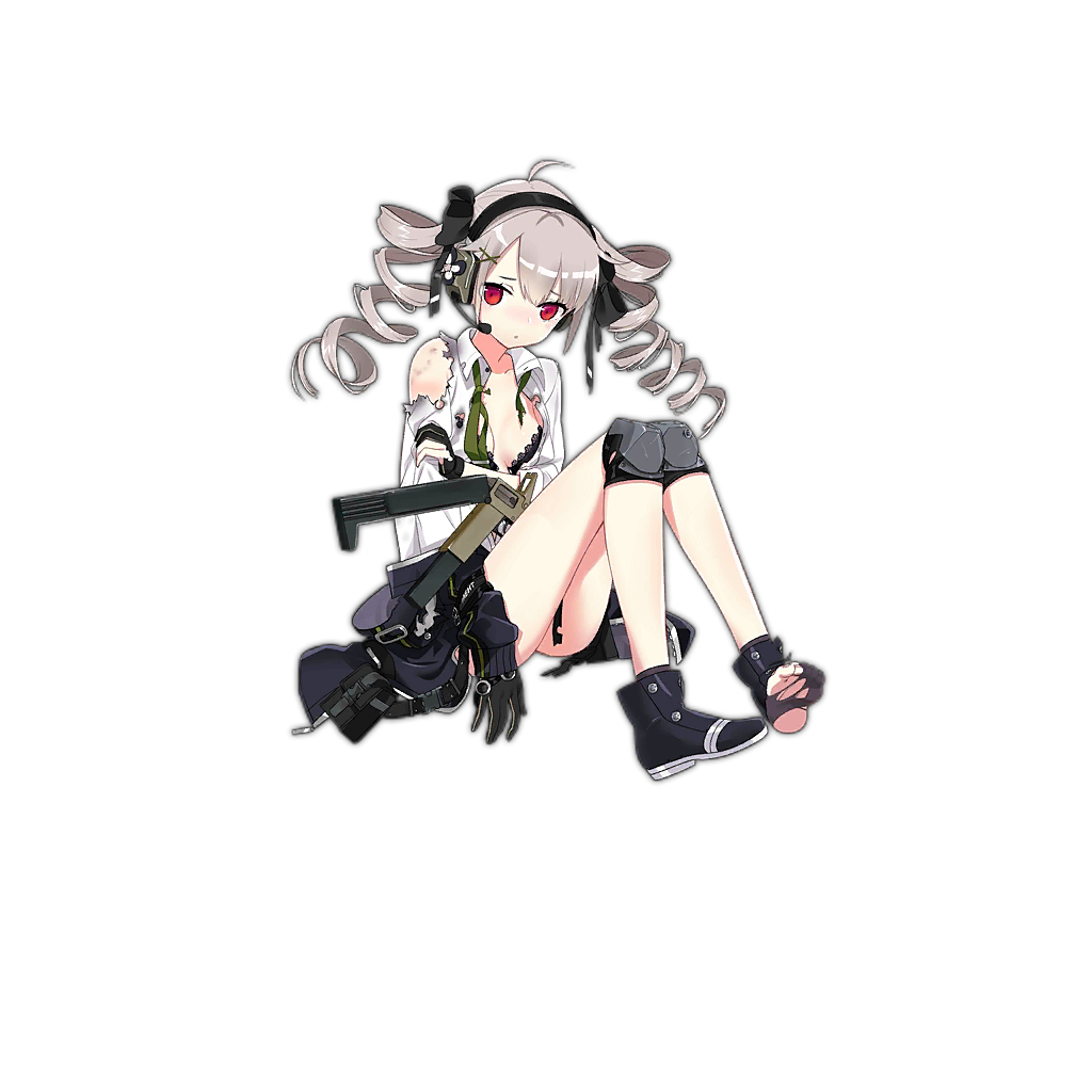 black_footwear blush drill_hair feet full_body girls_frontline gloves gun gyaku_tsubasa hair_ornament hairclip headphones jacket knee_pads looking_at_viewer navel official_art open_clothes open_shirt pout pp-90_(girls_frontline) red_eyes shirt shoes shorts silver_hair soles solo submachine_gun toes torn_clothes torn_shoes transparent_background twintails weapon