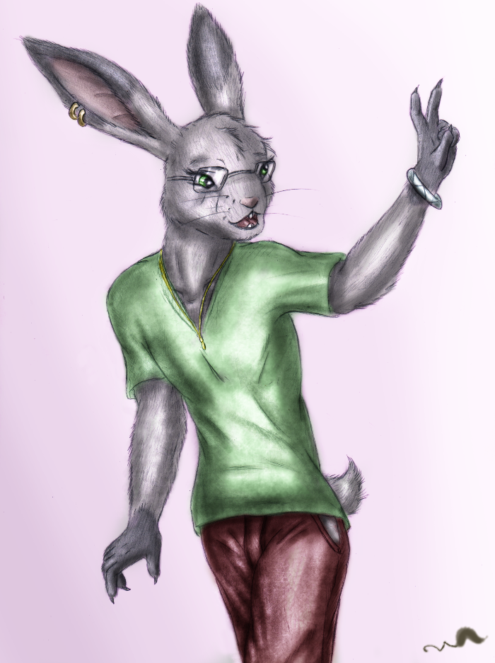 bracelet claws clothed clothing ear_piercing eyewear fingers fully_clothed glasses green_eyes jewelry lagomorph male mammal open_mouth piercing rabbit simple_background whimsicalsquirrel