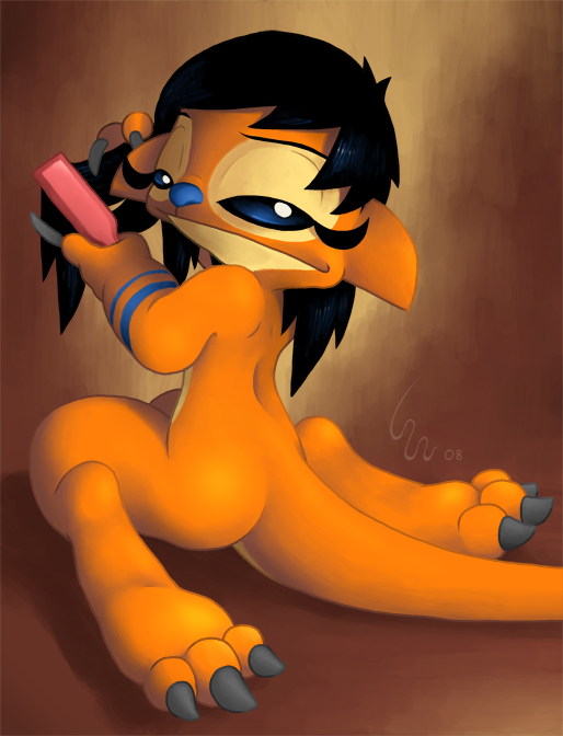 2008 3_toes alien black_hair blue_eyes blue_nose brush brushing claws digital_drawing_(artwork) digital_media_(artwork) disney experiment_(species) eyelashes fan_character fur grey_claws hair half-closed_eyes holding_object lilo_and_stitch looking_at_viewer looking_back orange_fur rear_view ribera simple_background solo stephani toe_claws toes