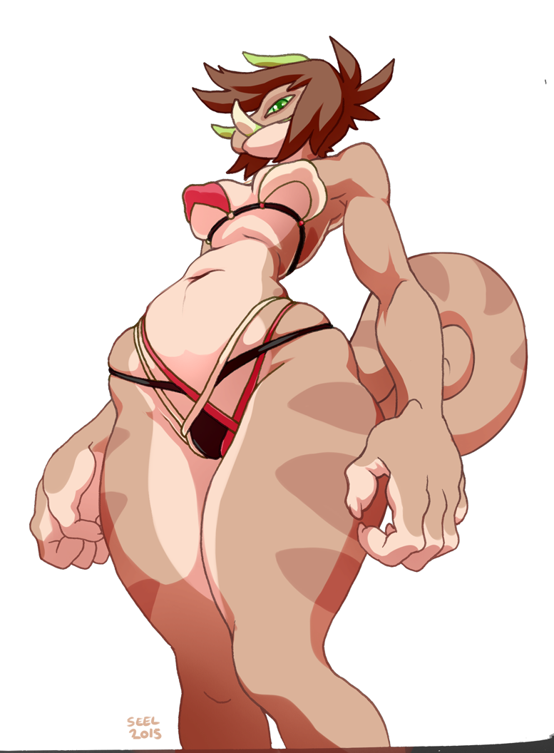 2015 5_fingers anthro bikini biped breasts brown_hair brown_scales brown_tail chameleon chimereon clair_(seel_kaiser) clothed clothing curled_tail female green_eyes green_horn green_sclera hair horn jackson's_chameleon lizard looking_at_viewer low-angle_view navel nipple_bulge non-mammal_breasts portrait reptile scales scalie seel_kaiser short_hair simple_background skimpy smile solo standing swimsuit tan_scales three-quarter_portrait tusks white_background