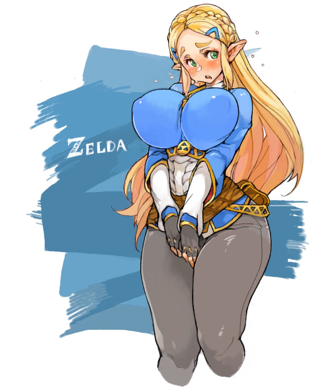 blonde_hair blush braid breasts covered_nipples curvy eyebrows fingerless_gloves flying_sweatdrops gloves green_eyes hair_ornament hairclip highres huge_breasts impossible_clothes long_hair looking_at_viewer open_mouth pants pointy_ears princess_zelda puffy_nipples sachito solo the_legend_of_zelda the_legend_of_zelda:_breath_of_the_wild thick_eyebrows thick_thighs thighs v_arms very_long_hair white_background wide_hips