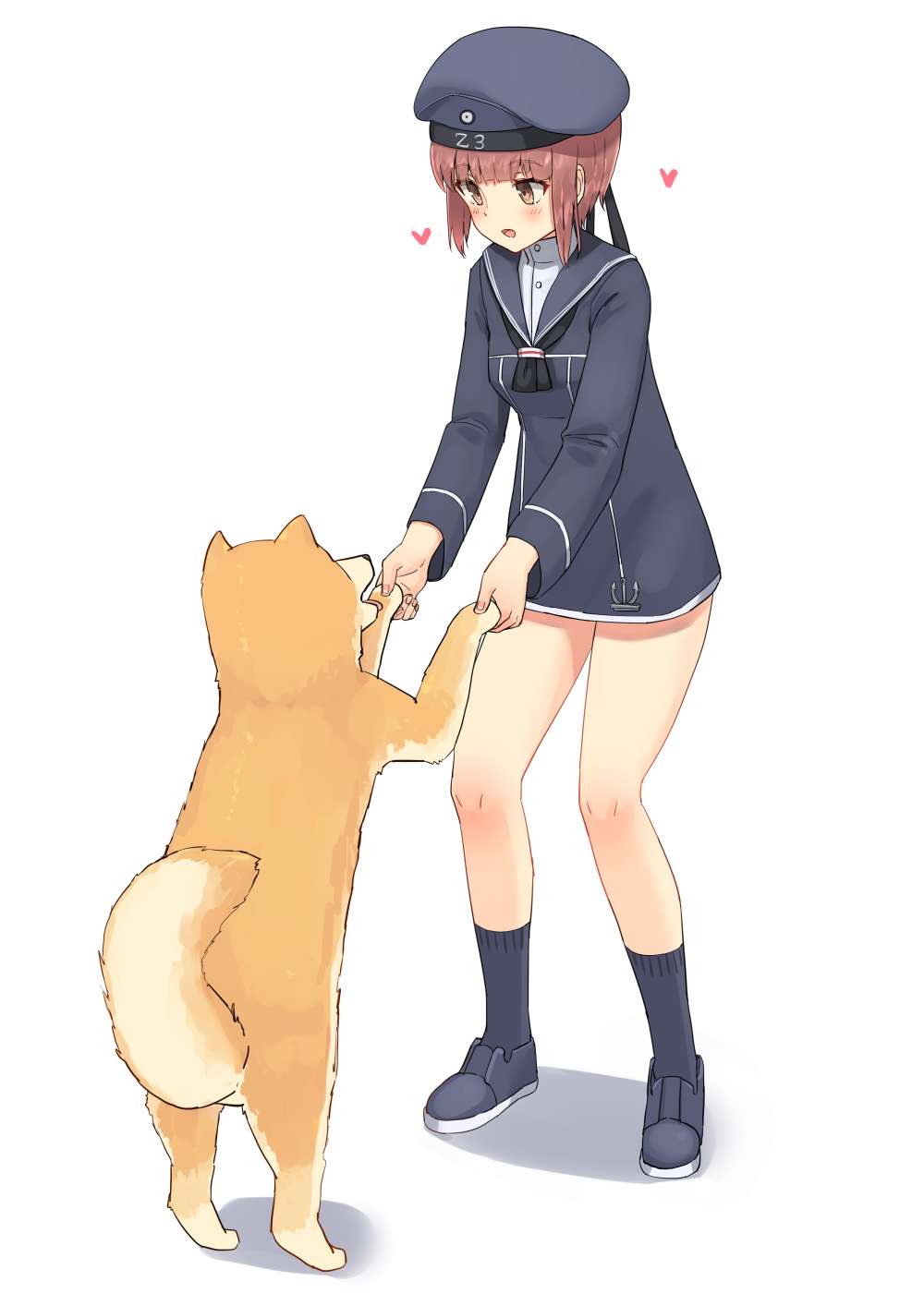 :d blush brown_eyes brown_hair dog dress hat heart highres holding_hands jpeg_artifacts kantai_collection long_sleeves looking_at_another navy_blue_dress navy_blue_footwear navy_blue_hat navy_blue_legwear open_mouth sailor_dress sailor_hat shiba_inu short_hair simple_background smile soushou_nin white_background z3_max_schultz_(kantai_collection)