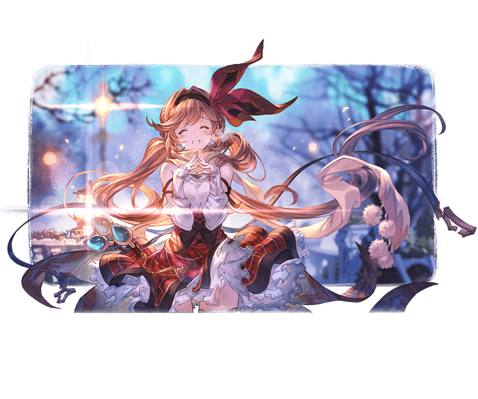 1girl :d ^_^ bare_tree belt black_bow black_legwear blush bottle bow brown_hair clarisse_(granblue_fantasy) closed_eyes corset detached_sleeves eyes_closed granblue_fantasy hair_ribbon hairband lamppost long_hair looking_at_viewer low_twintails minaba_hideo official_art open_mouth outdoors plaid plaid_skirt pom_pom_(clothes) red_skirt ribbon scarf skirt smile solo tears thighhighs transparent_background tree twintails very_long_hair white_scarf