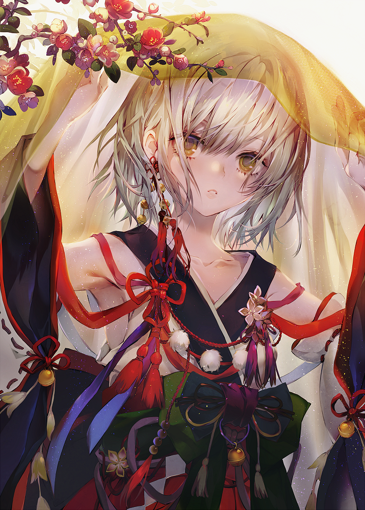 androgynous armpits arms_up bangs bell bow brown_eyes detached_sleeves eating expressionless flat_chest flower green_bow grey_background hair_between_eyes hakama japanese_clothes jewelry jingle_bell kimono light_particles long_sleeves looking_at_viewer obi original parted_lips pom_pom_(clothes) red_hakama red_ribbon ribbon ribbon-trimmed_sleeves ribbon_trim sash see-through shawl short_hair simple_background single_earring sleeveless sleeveless_kimono solo tassel tree_branch tsukioka_tsukiho upper_body white_hair white_kimono wide_sleeves
