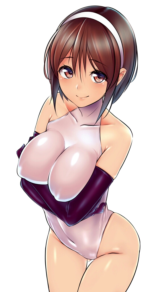 alternate_costume black_gloves breast_hold breasts brown_eyes brown_hair elbow_gloves gloves hairband kantai_collection large_breasts leotard looking_at_viewer natori_(kantai_collection) short_hair simple_background solo tatsu_shinomu turtleneck white_background white_hairband white_leotard