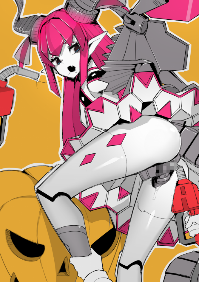 1girl ass censored fate/extra_ccc fate/grand_order fate_(series) fuel horns lancer_(fate/extra_ccc) mecha_eli-chan_(fate/grand_order) open_mouth pink_hair pointy_ears pumpkin refueling robot robot_girl saliva wings