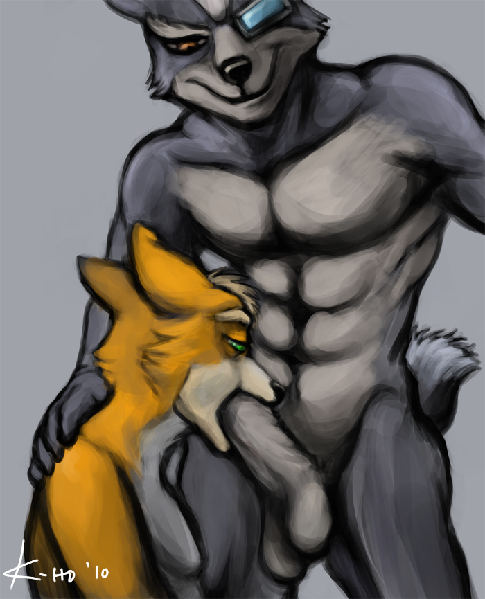 abs anthro balls biceps big_penis black_nose brown_eyes brown_fur canine duo erection eyewear fellatio fox fox_mccloud fur gay green_eyes grey_background grey_fur grin gripping holding humanoid_penis interspecies k-ho kneeling male mammal muscles nintendo nude oral oral_sex orange_fur pecs penis plain_background presenting sex smile standing star_fox sucking toned video_games wolf wolf_o'donnell wolf_o'donnell