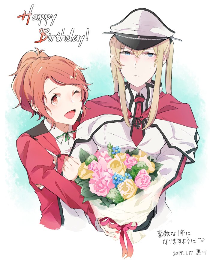 2019 2girls aquila_(kantai_collection) arm_hug armpit_cutout bangs blonde_hair blue_eyes blush bouquet breasts capelet closed_mouth collared_shirt commentary_request cropped_torso dated eyebrows_visible_through_hair fingernails flower graf_zeppelin_(kantai_collection) green_ribbon hair_between_eyes hair_ornament hair_over_one_eye hairclip hat holding holding_bouquet iron_cross jacket kantai_collection kurozu_(hckr_96) long_hair long_sleeves military military_hat multiple_girls nail_polish neck_ribbon necktie one_eye_closed orange_hair peaked_cap ponytail red_eyes red_jacket red_neckwear red_ribbon ribbon shirt sidelocks smile sweat twintails wavy_hair white_shirt