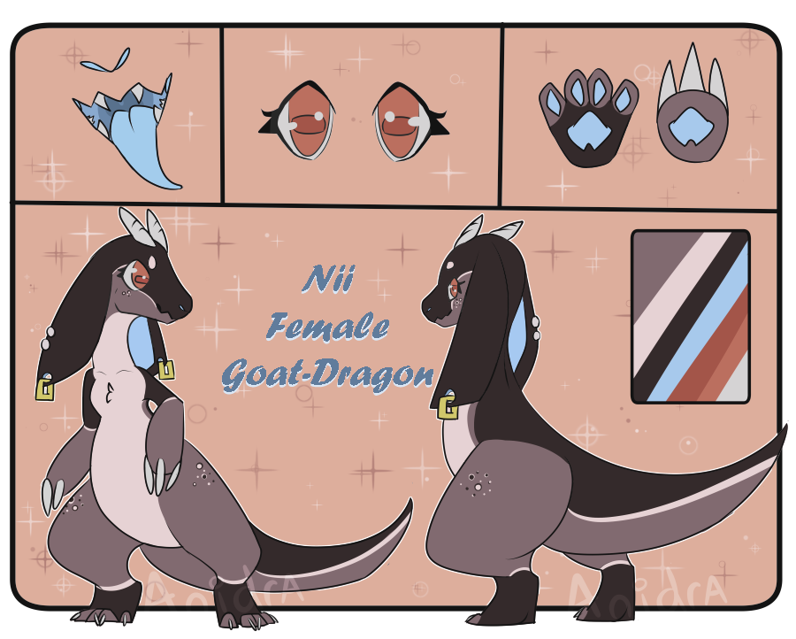 2017 anidra claws cute digital_media_(artwork) english_text female feral fur horn hybrid looking_at_viewer model_sheet nii open_mouth simple_background smile solo standing teeth text tongue