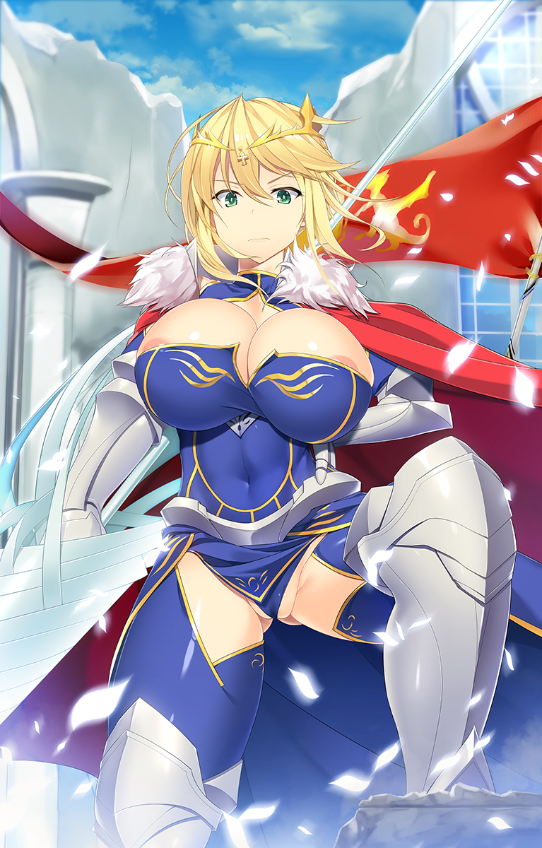 areola_slip areolae armor artoria_pendragon_(all) artoria_pendragon_(lancer) ass_visible_through_thighs blonde_hair blue_panties breasts bursting_breasts cameltoe cape cleavage cleavage_cutout cloud covered_navel crown day detached_sleeves fate/grand_order fate_(series) flag fur_cape gauntlets greaves green_eyes hand_on_hip highres homu_(seven_deadly_sins) huge_breasts lance leg_up panties partially_visible_vulva polearm red_cape rhongomyniad short_hair sky solo underwear weapon