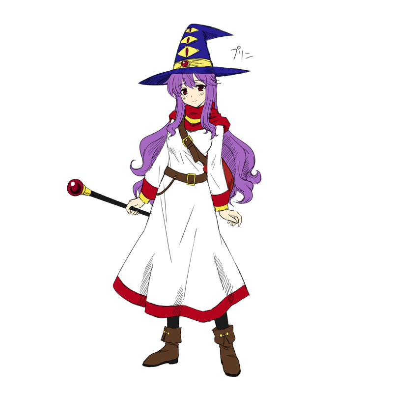 breasts commentary_request dragon_quest dragon_quest_ii dress full_body hat long_hair looking_at_viewer medium_breasts nakajima_akihiko princess_of_moonbrook purple_hair robe smile solo staff weapon witch_hat