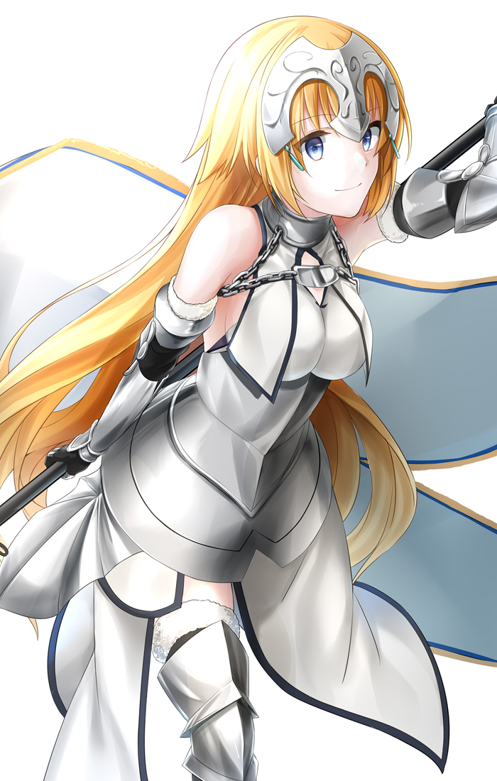 1girl armor armored_boots armored_dress banner black_gloves blonde_hair blue_eyes boots breasts dress eyebrows_visible_through_hair fate/apocrypha fate_(series) floating_hair fur-trimmed_legwear fur_trim gloves headpiece holding jeanne_d'arc_(fate) jeanne_d'arc_(fate)_(all) large_breasts long_hair rukinya_(nyanko_mogumogu) simple_background sleeveless sleeveless_dress smile solo standing thighhighs very_long_hair white_background white_dress