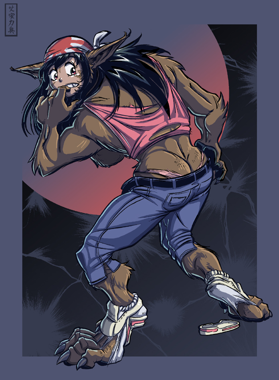 2005 anthro black_hair breasts butt canine clothing female hair hand_on_butt headband jeans mammal pants scared solidasp solo torn_clothing transformation were werewolf