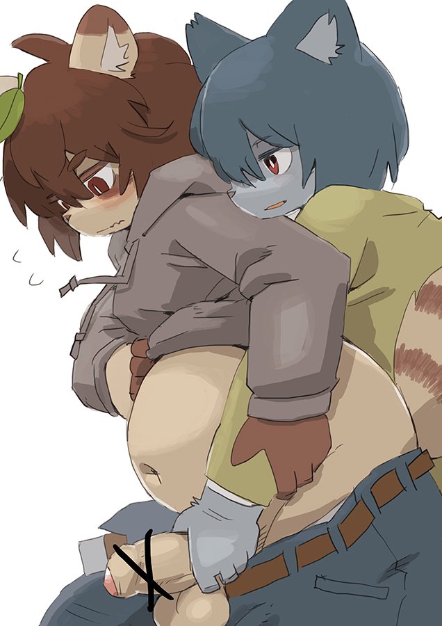 anthro belly blush canid canine censored clothed clothing clothing_lift digital_media_(artwork) foreskin hoodie humanoid_hands humanoid_penis ineffective_censorship leaf male male/male mammal navel pants penis raccoon_dog reach_around shirt shirt_lift si_ra_ta_ma3 simple_background slightly_chubby solo tanuki undressing white_background