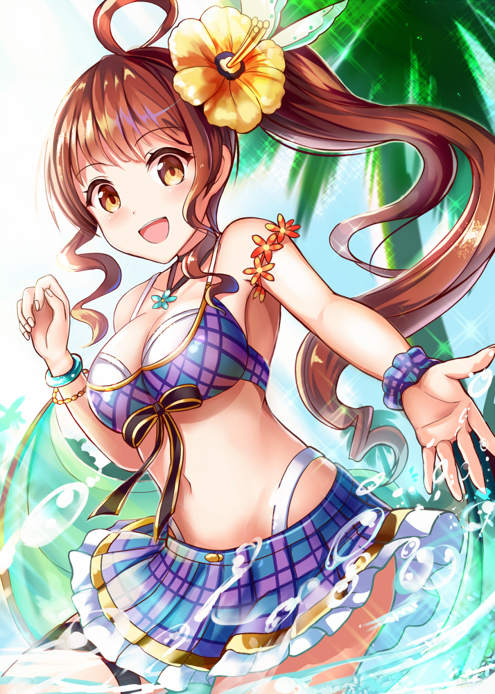 :d ahoge bare_shoulders bracelet breasts brown_eyes brown_hair diantha_(granblue_fantasy) eyebrows_visible_through_hair flower granblue_fantasy hair_flower hair_ornament jewelry long_hair looking_at_viewer medium_breasts navel open_mouth outstretched_arm plaid plaid_scrunchie ponytail sakura_ani scrunchie skirt smile solo water wrist_scrunchie