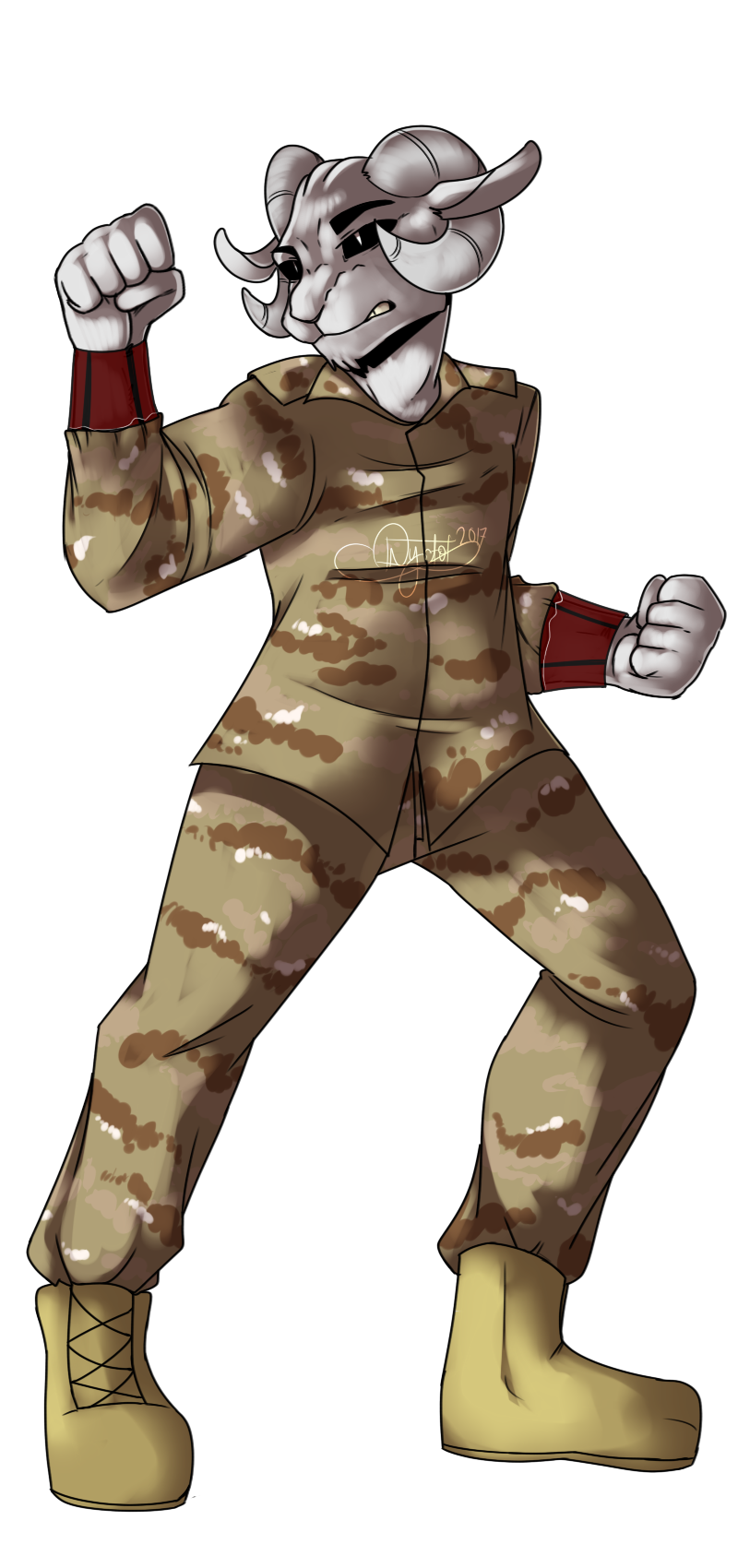 angry caprine clenched_fists clothing earth_realm_protection_unit goat horn male mammal military_uniform pumpkabootrash terry_galatas uniform unusual_eyes white_oyster