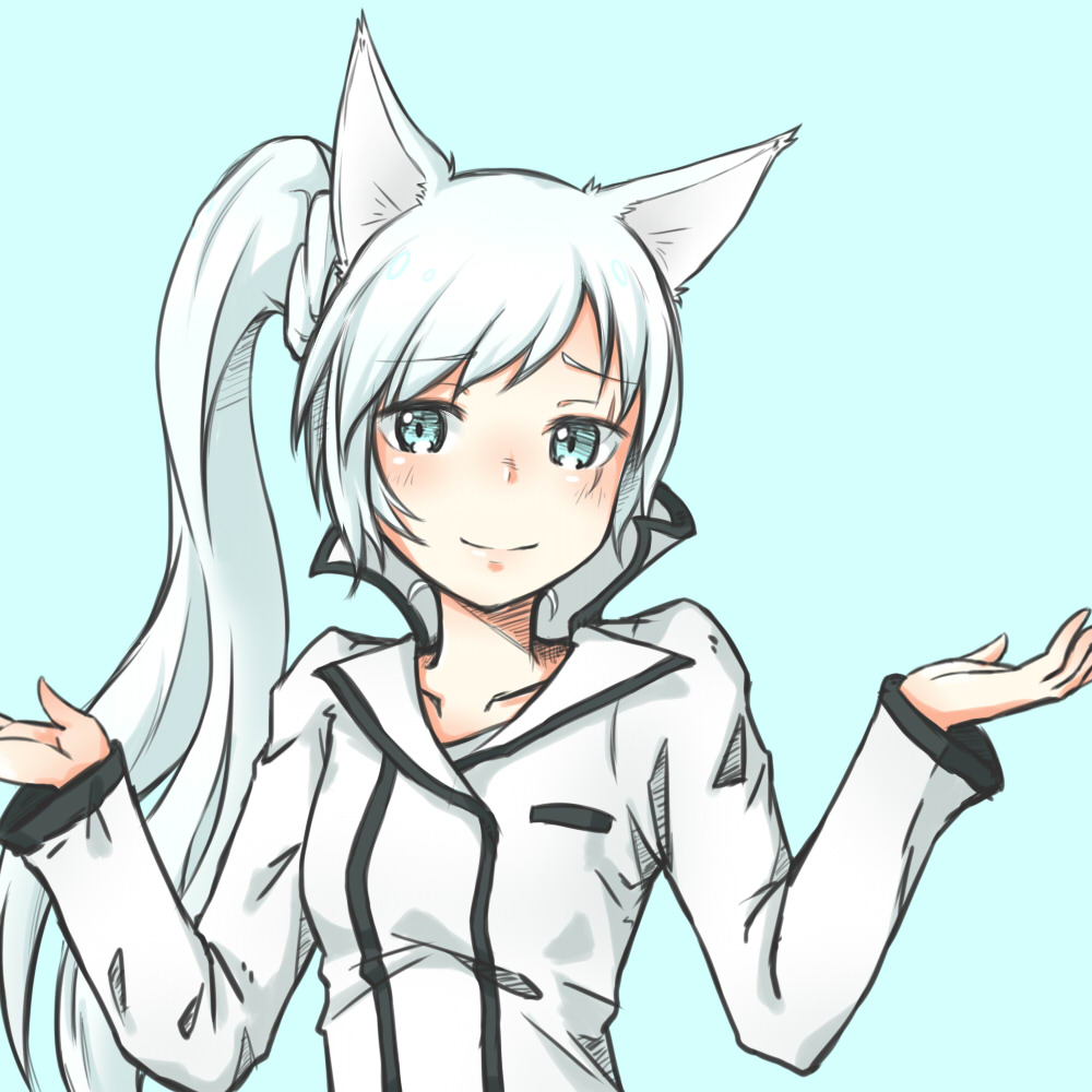 animal_ears blue_background blue_eyes cat_ears collarbone high_ponytail long_hair outstretched_wrists riruhasu_(sesu_n) rwby scar scar_across_eye shrug side_ponytail silver_hair simple_background smile solo w_arms weiss_schnee
