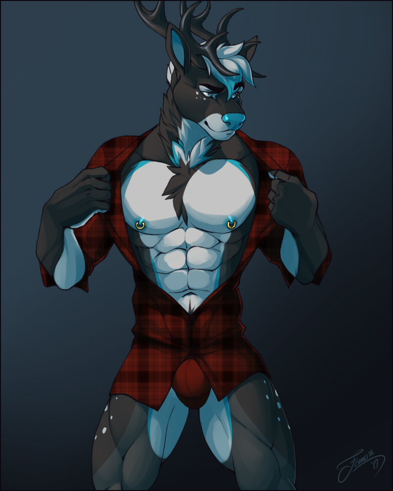 2017 5_figners abs antlers bedroom_eyes blue_eyes blue_nose body_hair bottomless brown_fur brown_hair bulge cervine chest_hair clothed clothing deer feralise fur grey_background hair half-closed_eyes horn looking_aside lumberjack male mammal multicolored_fur multicolored_hair muscular muscular_male neck_tuft nipple_piercing nipples obliques open_shirt pecs piercing plaid plaid_shirt pose seductive shirt simple_background smile smirk solo standing tight_underwear tuft two_tone_fur two_tone_hair underwear undressing white_fur white_hair