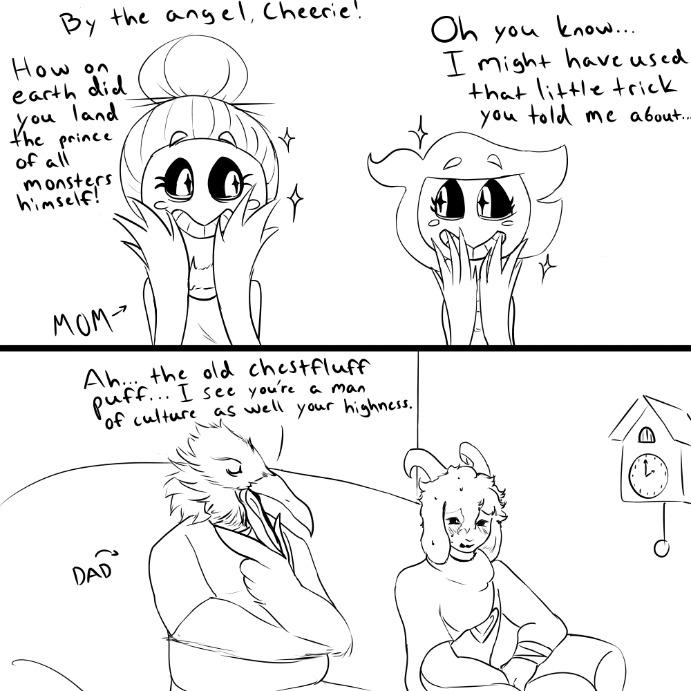 anthro asriel_dreemurr avian bird blush boss_monster caprine cheerie comic dialogue dreemurr_reborn english_text excited family father female goat haaru humor male mammal monochrome mother multiple_images nervous parent simple_background sitting smile sofa sweat text undertale video_games white_background