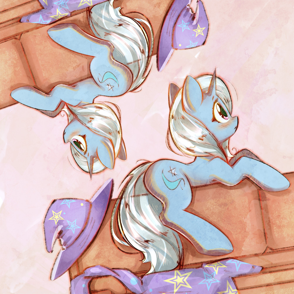 2017 blue_hair blush cape clothing cutie_mark equine friendship_is_magic hair hat horn lying mammal mirrored mirroredsea my_little_pony purple_eyes simple_background sofa solo solo_focus star trixie_(mlp) unicorn upside_down