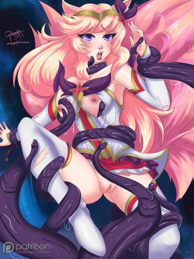 2017 ahri_(lol) animal_humanoid areola blonde_hair bottomless breasts canine clitoris clothed clothing female footwear fox fox_humanoid gloves hair hi_res humanoid imminent_rape imminent_sex league_of_legends legwear long_hair mammal multi_tail nipples open_mouth partially_clothed patreon pink_hair poppytart purple_eyes pussy restrained riot_games shoes solo spread_legs spreading stockings suspension tears tentacles text thigh_highs torn_clothing video_games