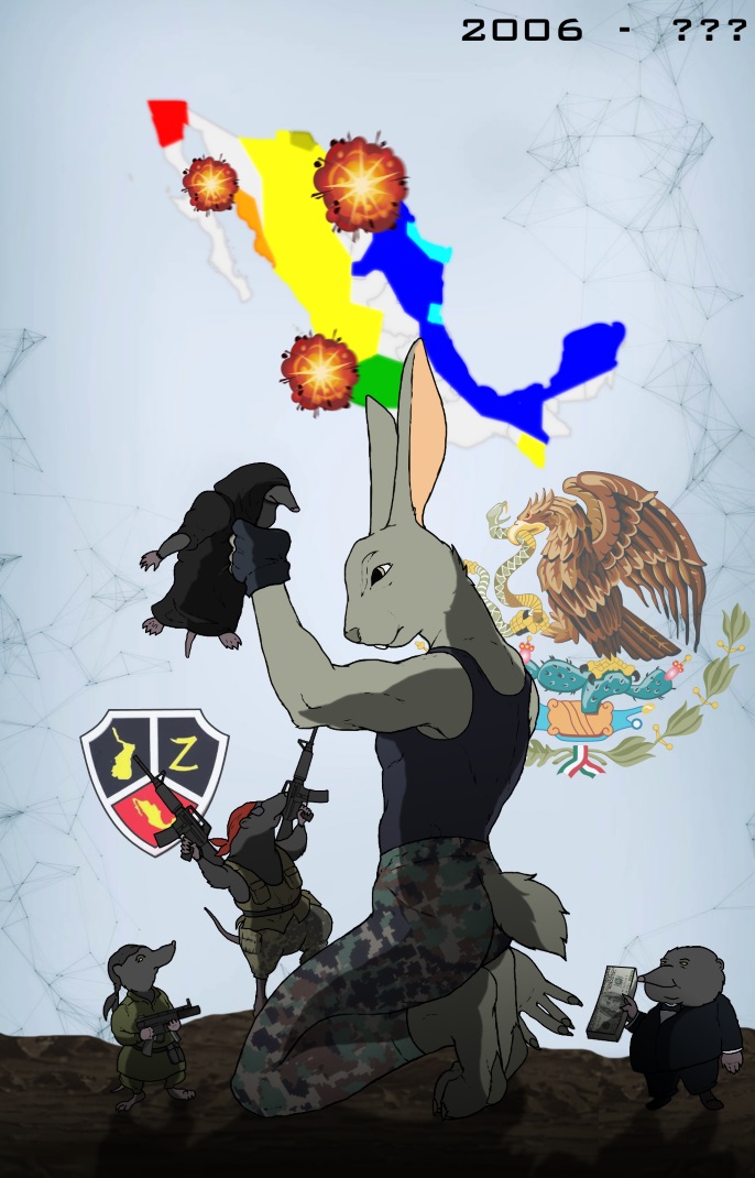 aleone assault bribe camo cartel drugs gang green_eyes gun hare humor lagomorph m4a1 mammal mexican_drug_war mexico military mp5k politics ranged_weapon rifle satire shrew submachine_gun weapon