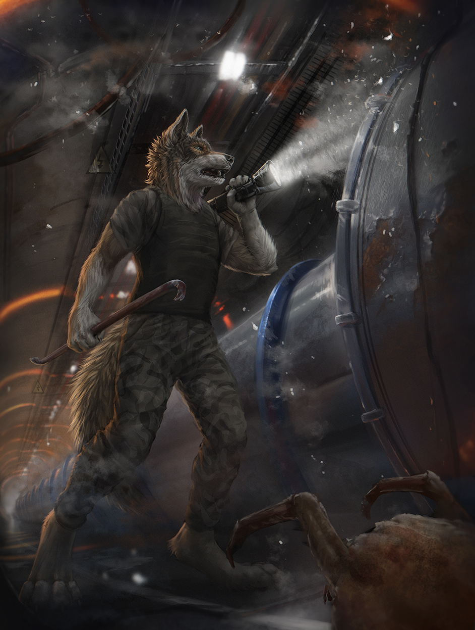 2017 4_toes 5_fingers alien amazing_background anthro barefoot black_lips brown_fur canine clothed clothing crowbar detailed_background digital_media_(artwork) digitigrade duo fur half-life headcrab holding_object latex_(artist) male mammal open_mouth teeth toes video_games wolf