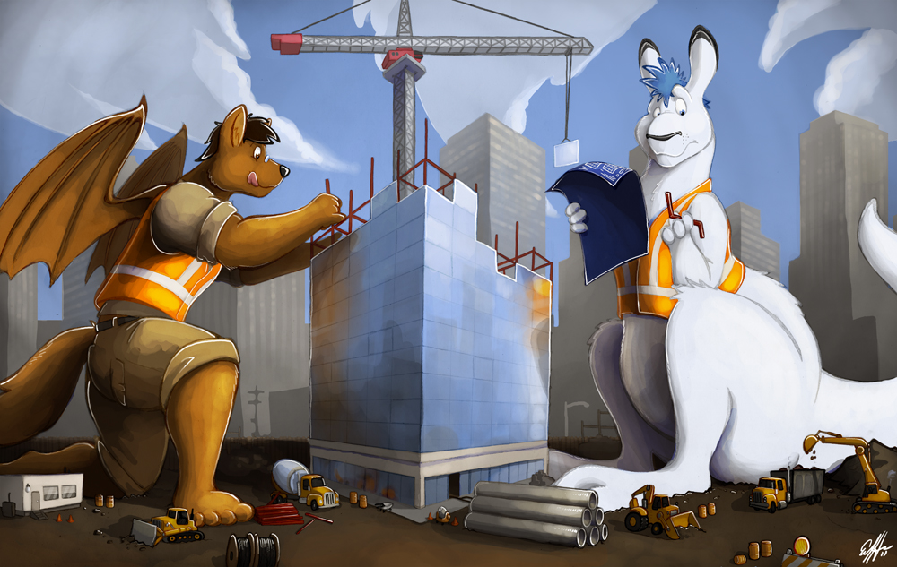 2011 anthro backhoe backhoe_digger barrel black_nose blue_hair blueprint brown_fur brown_hair building bulldozer canine city clothed clothing concrete_mixer concrete_truck confusion construction construction_site crane_(machine) digital_media_(artwork) dipstick_ears dragon dump_truck duo excavator foreman's_office fur geemo girder hair holding_object hybrid kangaroo kneeling macro macroceli_(artist) mammal marsupial membranous_wings mostly_nude pipe roadblock rooth safety_vest shorts signature standing tongue tongue_out truck vehicle white_fur wings wolf