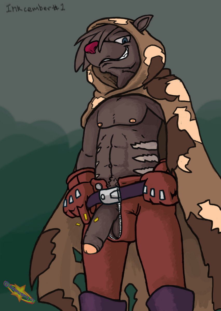 2017 4_fingers abs anthro balls belt biped brown_fur camo cape clothed clothing fur gloves grin hair hi_res hood humanoid_penis invalid_tag looking_at_viewer male mammal marsupial nipples pecs penis pointing_at_penis pubes ridge_the_tasmanian_tiger s-o-husky_(artist) simple_background smile solo standing stripes teeth thylacine ty_(character) ty_the_tasmanian_tiger video_games