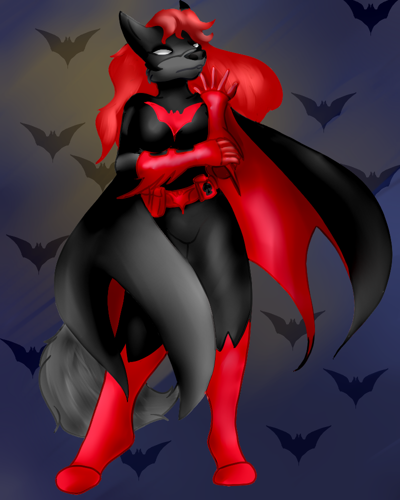 anthro bat batman_(series) batman_beyond batwoman black_nose breasts canine cape clothing female fur grey_fur kittybird mammal patches_(contessaskunk) wolf