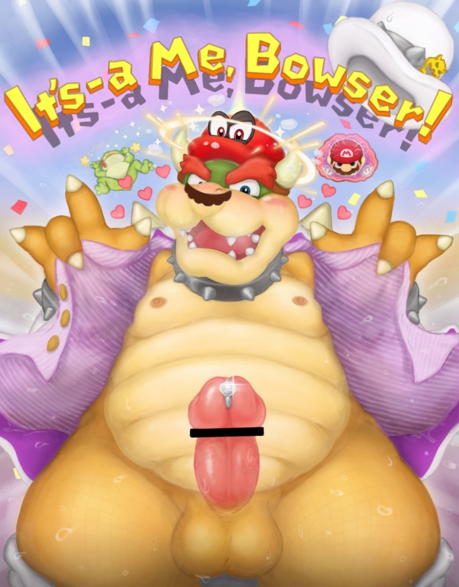 &lt;3 2017 amphibian anthro balls belly big_belly blue_eyes blush bottomless bowser cappy censor_bar censored claws clothed clothing collar confetti cum erection facial_hair flashing frog green_scales hat horn humanoid_penis koopa male mario mario_bros mustache nintendo nipples open_mouth open_shirt penis possession precum presenting reptile reuben_(artist) scales scalie shirt smile solo spiked_armlet spiked_collar spikes standing undressing video_games yellow_scales