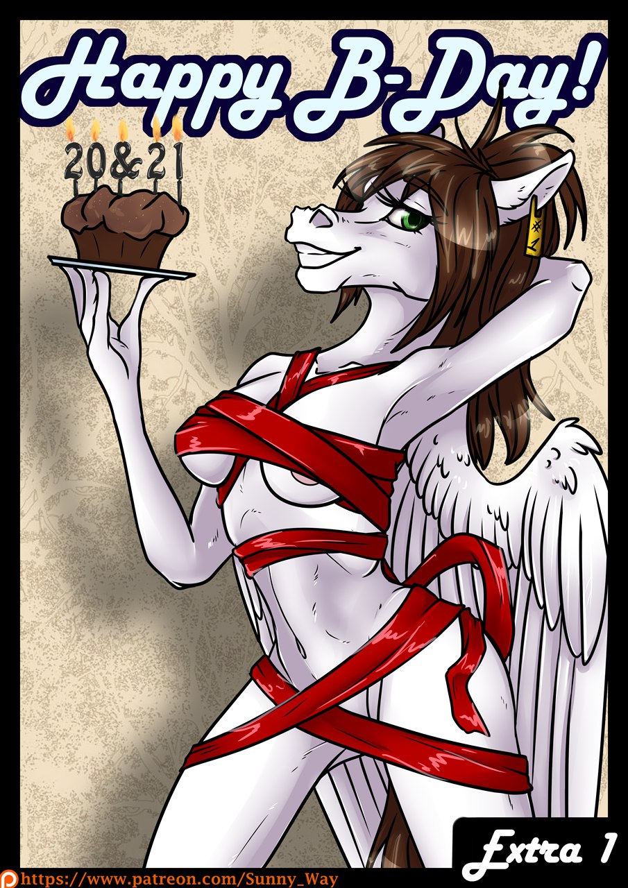2017 anthro birthday birthday_cake breasts brown_hair cake clone clothed clothing comic english_text equine fan_character feathered_wings feathers female food fur green_eyes hair hooves horse inside looking_at_viewer mammal nipples partially_clothed pegasus ponytail smile solo spread_wings sunny_way sunny_way_(mlp) text white_fur wings
