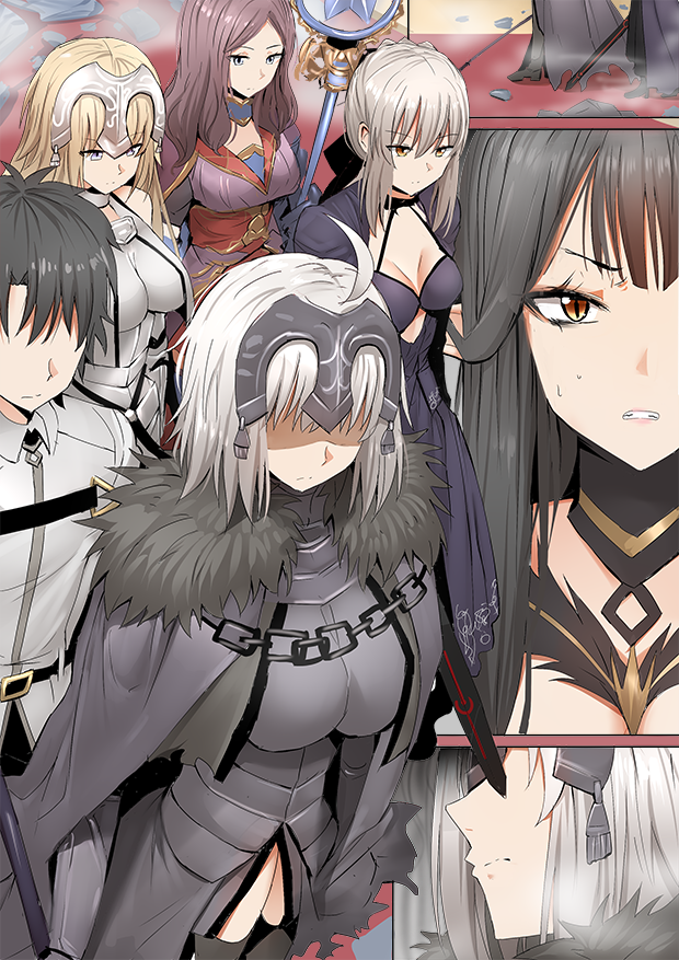1boy 5girls ahoge armor armored_dress artoria_pendragon_(all) bangs black_dress black_hair blonde_hair blue_eyes blue_gloves braid breasts brown_hair cape chains chaldea_uniform cleavage clenched_teeth closed_mouth debris detached_collar dress fate/grand_order fate_(series) faulds french_braid fujimaru_ritsuka_(male) fur-trimmed_cape fur_collar fur_trim gauntlets ginhaha gloves gothic_lolita hair_bun headpiece holding holding_sword holding_wand holding_weapon jeanne_d'arc_(alter)_(fate) jeanne_d'arc_(fate) jeanne_d'arc_(fate)_(all) large_breasts leonardo_da_vinci_(fate/grand_order) lolita_fashion looking_at_viewer multiple_girls parted_bangs pointy_ears saber_alter semiramis_(fate) shaded_face short_hair sidelocks silver_hair slit_pupils sweatdrop sword teeth thighhighs thighs wand weapon yellow_eyes