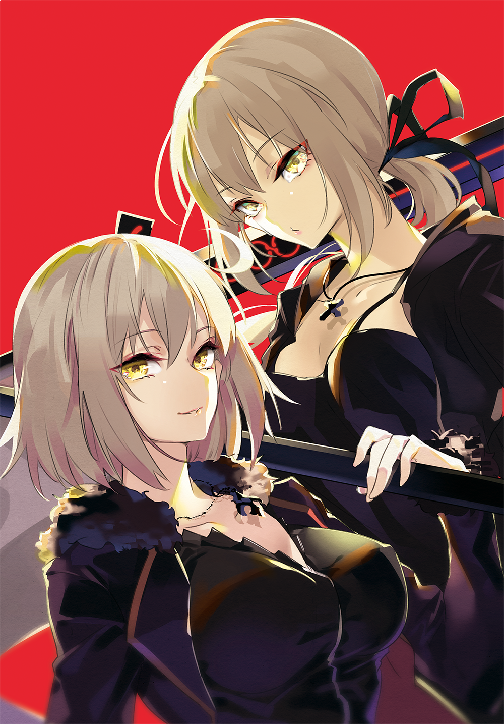 2girls artoria_pendragon_(all) black_shirt blonde_hair breasts eyebrows_visible_through_hair fate/grand_order fate_(series) hair_between_eyes hair_ribbon highres jacket jeanne_d'arc_(alter)_(fate) jeanne_d'arc_(fate)_(all) jewelry large_breasts long_sleeves looking_at_viewer multiple_girls necklace red_background ribbon saber_alter shirt short_hair simple_background smile tsurukame upper_body white_hair wicked_dragon_witch_ver._shinjuku_1999 yellow_eyes