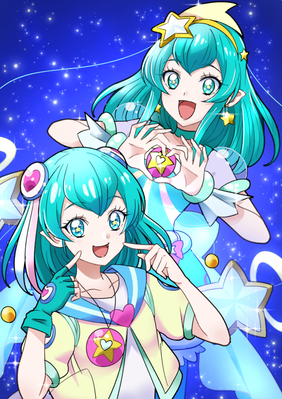 2girls :d blue blue_background blue_eyes blue_gloves blue_hair blue_neckwear choker cure_milky dual_persona earrings gloves hagoromo_lala hair_ornament hairband hairpods heart heart_hands jacket jewelry looking_at_viewer magical_girl multiple_girls necklace open_mouth pointy_ears precure puffy_sleeves see-through_sleeves short_hair single_glove smile star star_earrings star_hair_ornament star_in_eye star_twinkle_precure symbol_in_eye tsukikage_oyama yellow_hairband