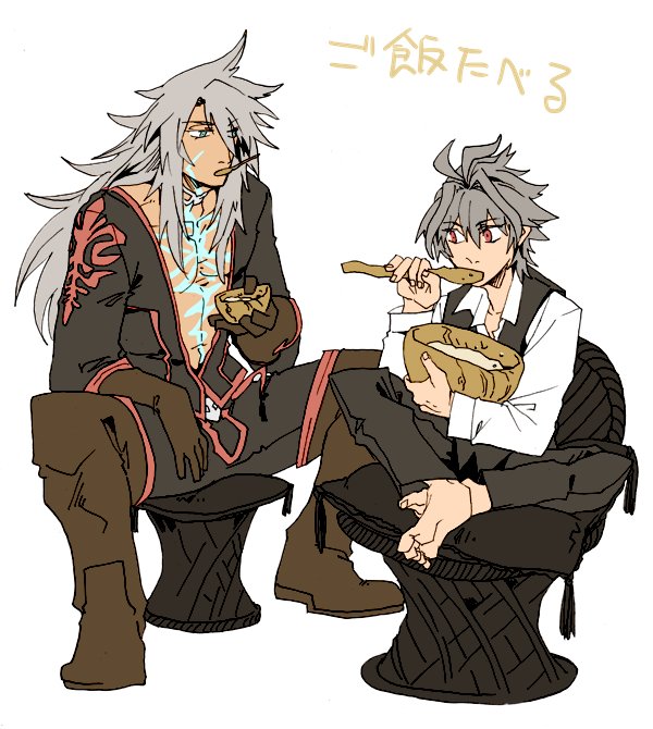 ahoge bangs black_jacket black_pants boots bowl brown_footwear brown_gloves commentary crossed_legs dark_skin dark_skinned_male eating eyebrows_visible_through_hair fate/apocrypha fate_(series) food gloves green_eyes hair_between_eyes hair_over_one_eye hand_on_leg holding holding_bowl holding_spoon jacket long_hair long_pants long_sleeves looking_at_another male_focus mine_(odasol) multiple_boys open_clothes open_jacket pants red_eyes scar shirt short_hair sieg_(fate/apocrypha) siegfried_(fate) silver_hair sitting spoon spoon_in_mouth thigh_boots thighhighs waistcoat white_shirt