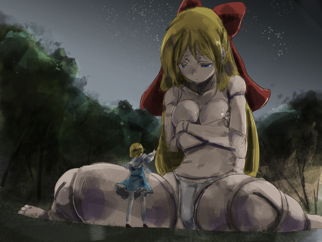 alice_margatroid blonde_hair blue_dress blue_eyes bow breasts capelet closed_mouth colored_eyelashes covering covering_breasts dark doll doll_joints dress eye_contact forest frown giant giantess goliath_doll hair_bow long_hair looking_at_another looking_away medium_breasts multiple_girls nature night night_sky nude outdoors panties pointing sitting size_difference sky star_(sky) topless touhou tree underwear wariza yohane