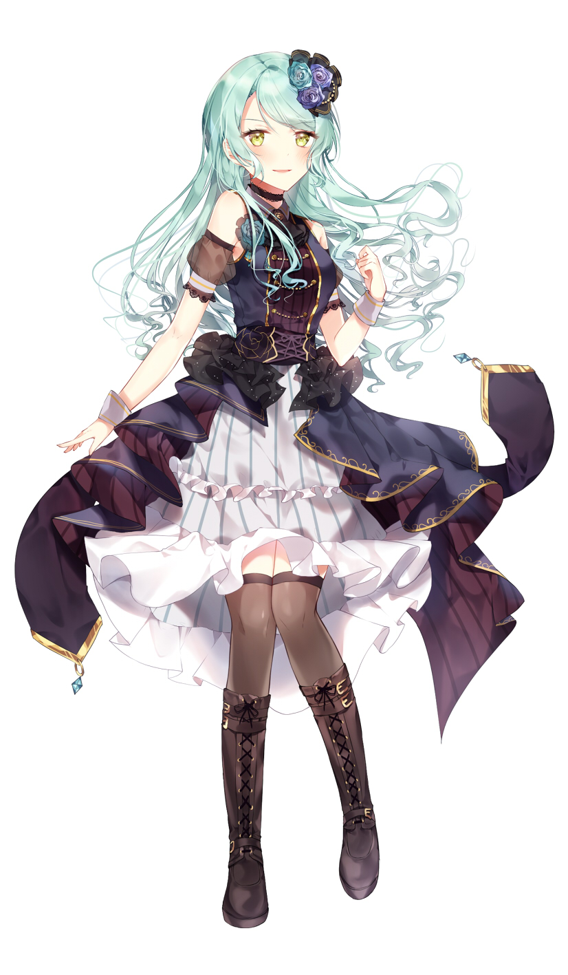 1girl aqua_hair aqua_rose ascot bang_dream! black_choker black_footwear black_legwear black_neckwear blue_flower blue_rose boots choker clenched_hand collared_dress corsage corset detached_sleeves dress flower frilled_dress frills full_body hand_on_own_chest highres hikawa_sayo knee_boots looking_at_viewer overskirt rose see-through_sleeves simple_background smile solo standing taya_5323203 thighhighs white_background wrist_cuffs yellow_eyes