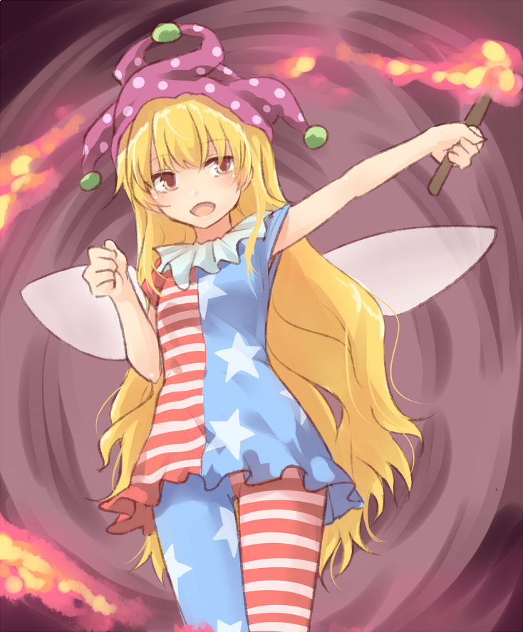 1girl american_flag_dress american_flag_legwear arm_up blonde_hair blue_dress blue_legwear blush brown_eyes clenched_hand clownpiece commentary_request cowboy_shot dress fairy_wings hand_up hat holding holding_torch jester_cap long_hair miyo_(ranthath) neck_ruff open_mouth pantyhose polka_dot polka_dot_hat purple_background purple_hat red_dress red_legwear short_dress short_sleeves solo standing star star_print striped striped_dress striped_legwear thighs torch touhou very_long_hair white_dress white_legwear wings