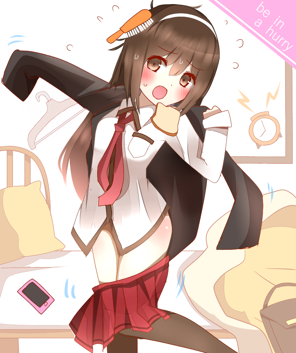 alarm_clock bag bangs bed black_jacket black_legwear blazer blush bread brown_eyes brown_hair cellphone clock clothes_hanger collared_shirt commentary_request english eyebrows_visible_through_hair flying_sweatdrops food hair_between_eyes hair_brush hairband highres jacket lightning_bolt long_hair long_sleeves looking_at_viewer necktie non_(wednesday-classic) open_mouth original phone pillow pleated_skirt red_neckwear red_skirt school_bag school_uniform shirt skirt skirt_pull slice_of_bread smartphone solo standing standing_on_one_leg sweat thighhighs toast very_long_hair white_background white_hairband white_shirt