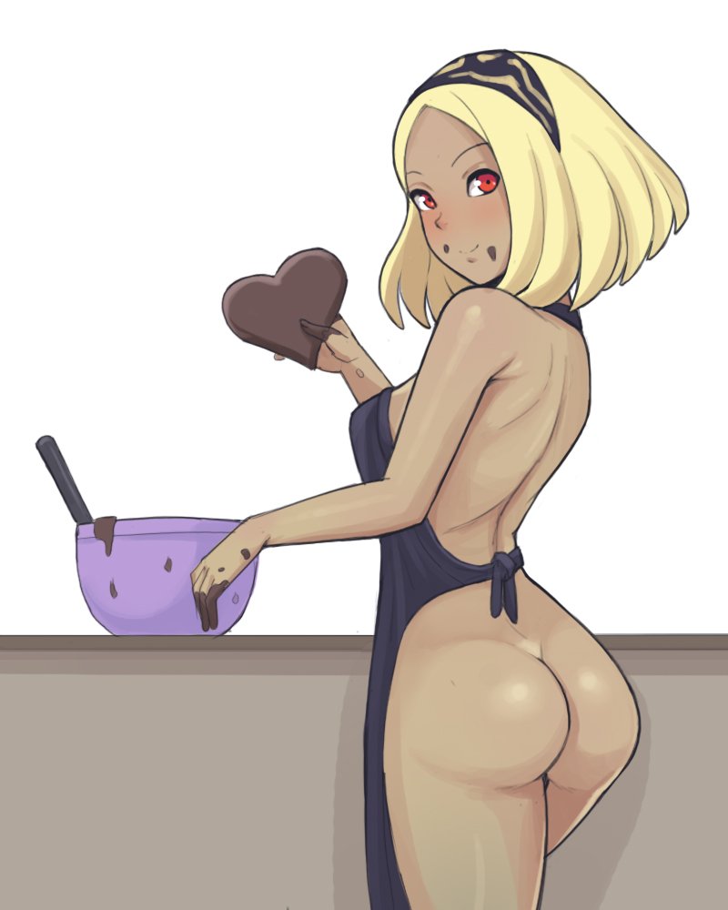 1girl apron ass bare_shoulders blonde_hair blush breasts butt_crack commentary dark_skin donburikazoku gravity_daze hairband kitten_(gravity_daze) looking_at_viewer medium_hair naked_apron red_eyes smile solo